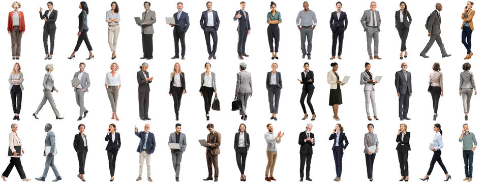 Set of business people in various actions on isolated background. Businesspeople, businesswomen, businessmen office worker in full body length studio professional shot in casual and formal wear
