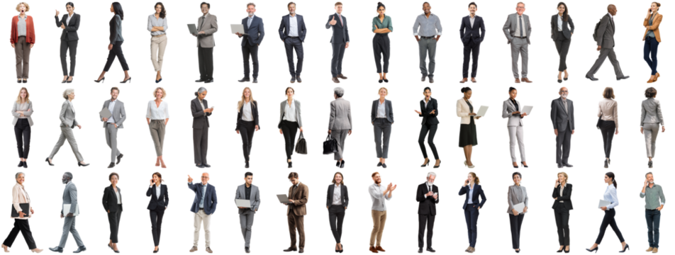 Set of business people in various actions on isolated background. Businesspeople, businesswomen, businessmen office worker in full body length studio professional shot in casual and formal wear