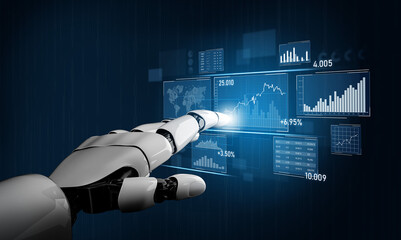 A robotic hand reaches toward glowing data visualizations, symbolizing the convergence of technology and financial analysis in a digital workspace. Scalp