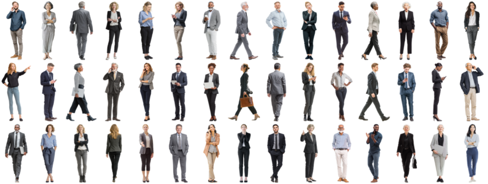 Set of business people in various actions on isolated background. Businesspeople, businesswomen, businessmen office worker in full body length studio professional shot in casual and formal wear