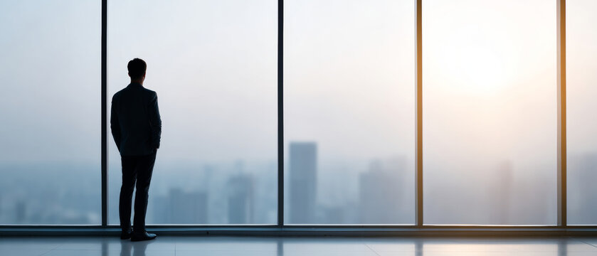 Silhouette of businessman standing by large window overlooking city skyline at sunrise with reflective floor