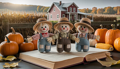 - Three scarecrows in rustic autumn still life with orange pumpkins