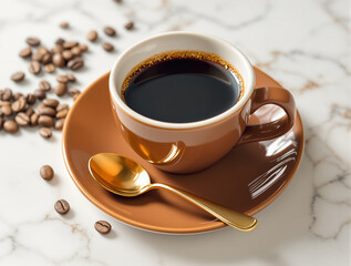 Freshly Brewed Beverage in Coffee Cup with Roasted Beans
