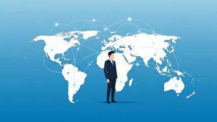 Businessman Standing Before A Global Network World Map Animation. - Powered by Adobe