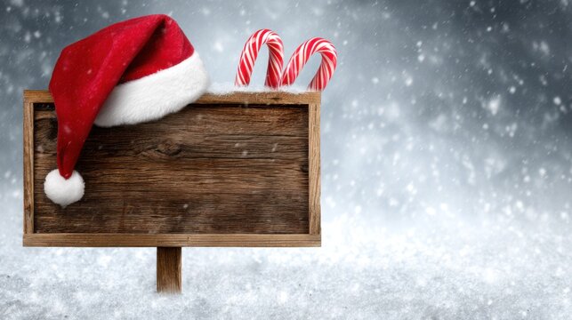 A wooden sign with candy cane and Santa hat, Christmas concept background, snowing, bokeh lights, space for text.