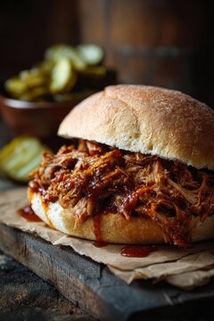 Pulled Pork Sandwich with Pickles - Rustic Charm and Delicious BBQ.