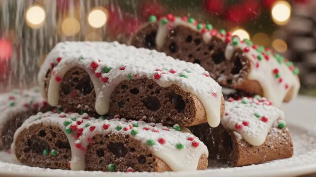 Decorated biscotti pastries with sprinkles and icing detail