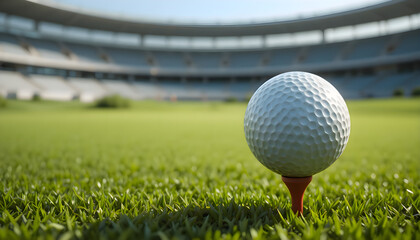 Golf ball resting on a tee in short grass under clear daylight, showing clean texture and capturing a focused moment before a precise swing on a calm golf course