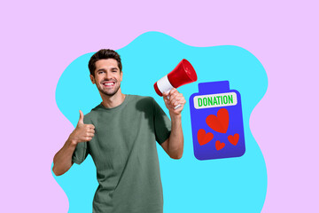 Collage of young woman man toward donation jar with hearts symbolizing charity blood donor day volunteer support