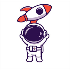 Cute cartoon astronaut holding a rocket above head, flat vector logo illustration of space exploration and adventure