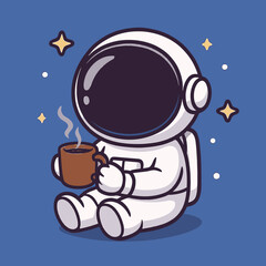 Charming flat vector logo illustration of an astronaut enjoying a warm cup of coffee in space, surrounded by twinkling stars