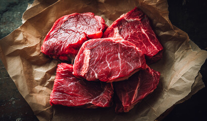 Fresh raw beef steaks arranged on brown parchment paper. High-quality red meat cuts ready for cooking, grilling, or butchery. Close-up texture showcasing natural marbling and freshness