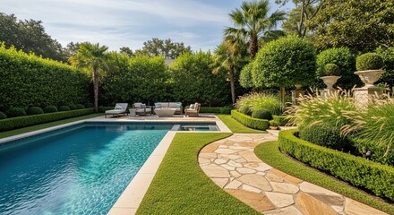Elegant residential backyard oasis with a sparkling swimming pool, a flagstone path, and manicured landscaping for a luxurious retreat