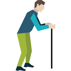 Elderly Man Leaning on Walking Cane Wearing Blue and Teal Long Sleeve Shirt and Green Pants with Dark Shoes and Brown Hair