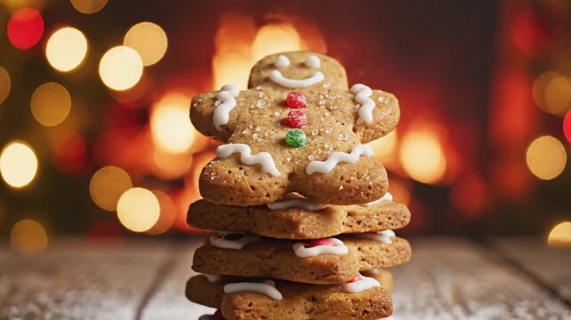 Gingerbread man cookie stack on a wooden table