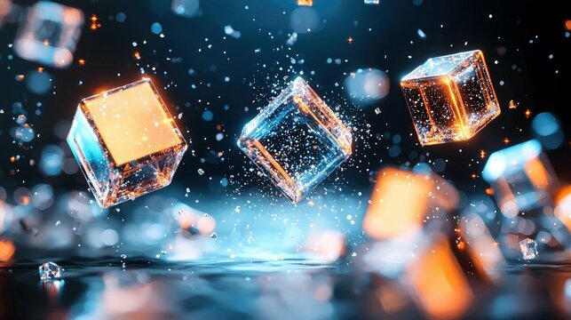 Several transparent, geometric cubes with glowing orange and blue light emanate from within, suspended in a dark, sparkling environment.