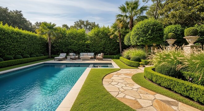 Elegant residential backyard oasis with a sparkling swimming pool, a flagstone path, and manicured landscaping for a luxurious retreat