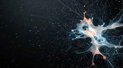 A luminous, abstract representation of a neural network with glowing connections, nodes, and scattered particles against a dark, starry backdrop.
