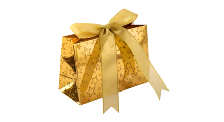 Golden gift bag isolated on transparent background, adorned with a shimmering gold ribbon and star pattern, perfect for presenting a special present during the holiday season or any celebration