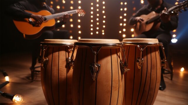 Conga drums take center stage in a lively setting. Musicians play guitar behind, filling the air with rhythmic sounds and vibrant energy
