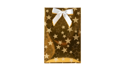 Golden gift bag with white ribbon isolated on transparent background, adorned with a star pattern, perfect for presenting a special present during the holiday season or any celebration
