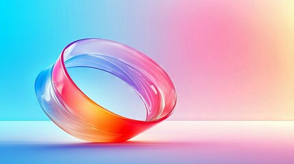 A smooth, iridescent glass ring with a gradient of colors from red to blue sits on a white surface against a pastel gradient background.