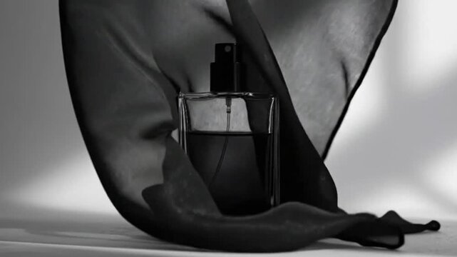 Perfume bottle on a light surface with a dark sheer fabric backdrop monochromatic