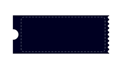 A simple dark blue ticket with a dotted white border on a black background.