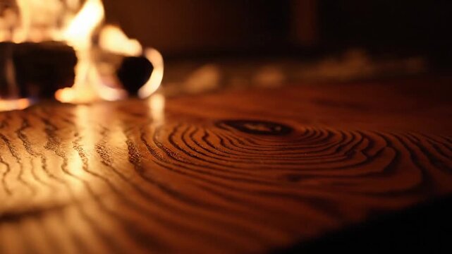 Close up of wooden surface with firelight illumination