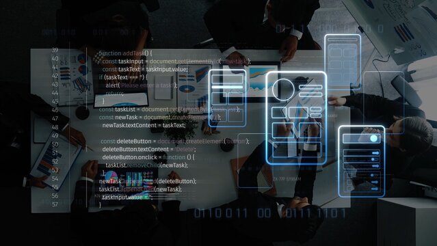 A dynamic business team collaborates on a project, surrounded by data visualization and coding elements, highlighting the intersection of technology and teamwork. Raster - Powered by Adobe