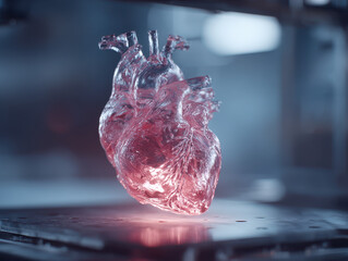 Transparent 3D printed human heart model with intricate veins and arteries glowing with red light on metallic surface in futuristic medical laboratory setting