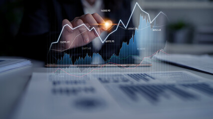 A focused business analyst utilizes advanced data visualization techniques to interpret stock market trends and deliver insights in a modern office setting. Scalp
