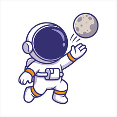 Cute astronaut playing with the moon, flat vector logo illustration, a fun space adventure