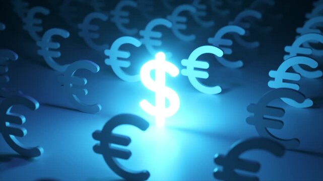 Luminous american dollar sign standing out among a field of euro symbols in a dark, blue-lit environment, representing the global economy, currency exchange rates, and financial dominance