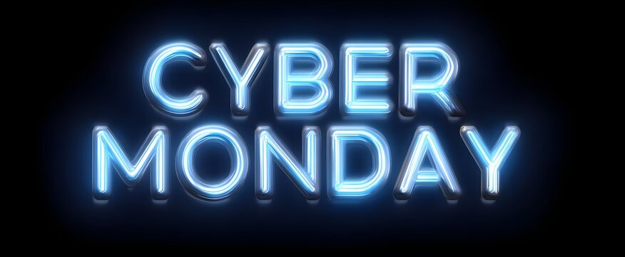 Glowing Cyber Monday text shines on a dark technology-inspired background.