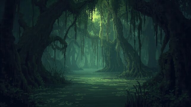Mysterious Swamp Scene With Drifting Moss And Illuminated Waterway In Pixel Art