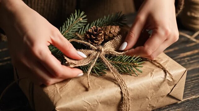Woman wrapping gift with twine and evergreen decoration