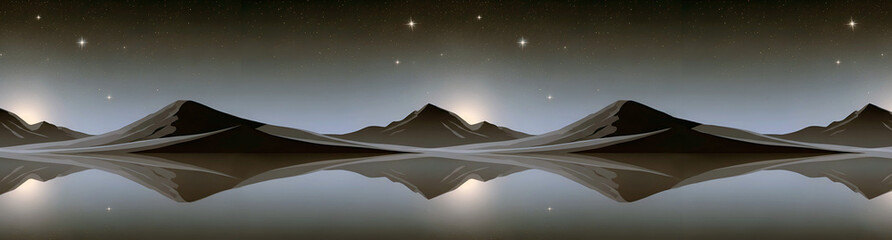 A minimalist monochrome horizontal landscape with a mountain silhouette reflected in the water and a starry sky. Elegant gray-brown-gold color scheme.