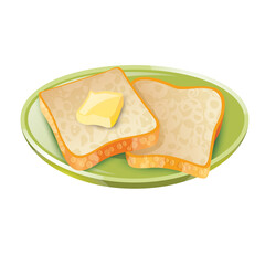 Golden Brown Toast With A Square Of Yellow Butter Sitting On A Green Oval Plate Isolated On A White Background, A Classic Breakfast Food