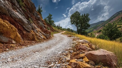 White gravel hiking trail winding up steep rocky hillside with vivid red and yellow stone formations under clear sky scenic desert mountain landscape