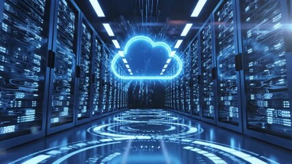 Futuristic data center server room with glowing neon cloud symbol and digital circuit patterns on - Powered by Adobe