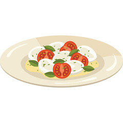 Fresh Caprese Salad With Mozzarella Tomatoes Basil On White Plate With Yellow Sauce And Green Herbs A Delicious Italian Appetizer