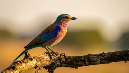 Lilac Breasted Roller Bird Perched on a Branch with Speckled Feathers Detailed Plumage and Blurred Background during Golden Hour