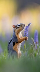 Obraz premium European ground squirrel, poised upright on its hind legs within a flourishing emerald meadow on a blurred background.