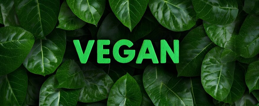 The world vegan month text appears over a background of green leaves.