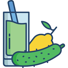 Fresh Green Cucumber Juice In A Tall Glass With Yellow Lemon And Green Cucumber On A Transparent Background With A Blue Straw