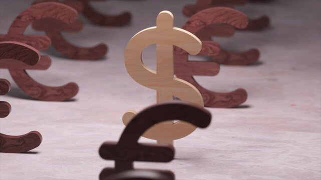 Wooden united states dollar symbol standing prominently among a field of other international currency symbols, representing global finance, exchange rates, and economic competition concepts