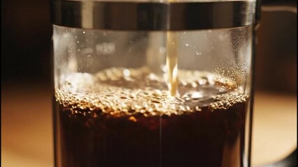 Pouring Hot Water into French Press to Brew Aromatic Coffee at Home a Morning Routine for Coffee Lovers Clip