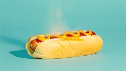 A steaming freshly cooked hot dog in a buttery toasted bun, glowing under golden studio light with vibrant condiments and cinematic food-photography clarity.
