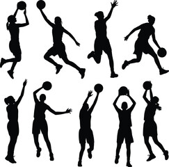 Basketball, silhouette, player, action, pose, jump, dribble, shoot, pass, dunk, sport, athlete, motion, black, icon, team, energy, dynamic, isolated, vector, training, competition, skill, graphic